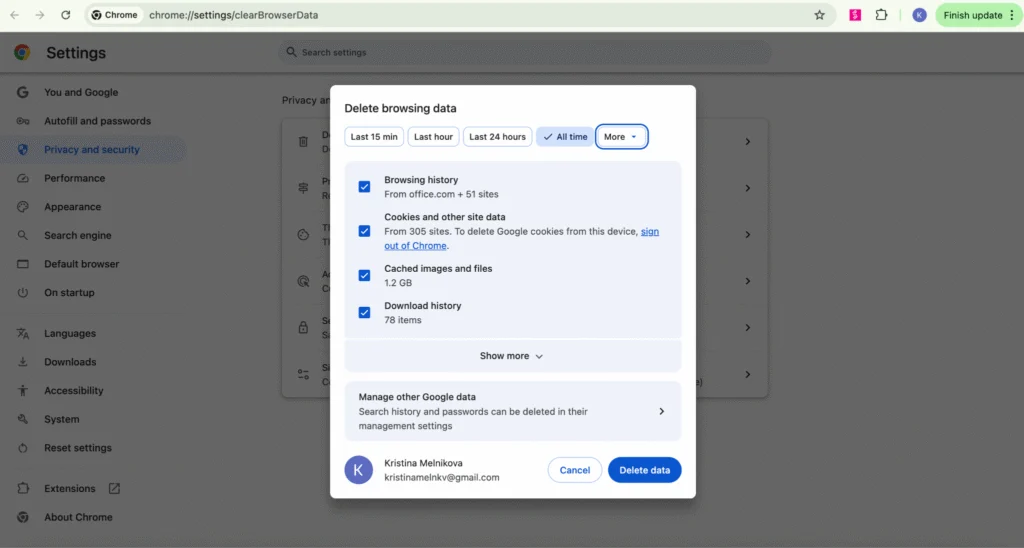 Clearing cookies and cached data for outlook.office.com in Chrome Edge