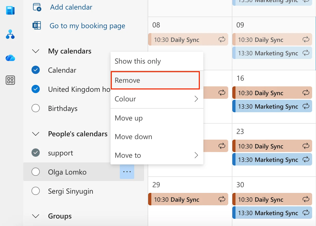 Outlook remove SharePoint calendar highlighted