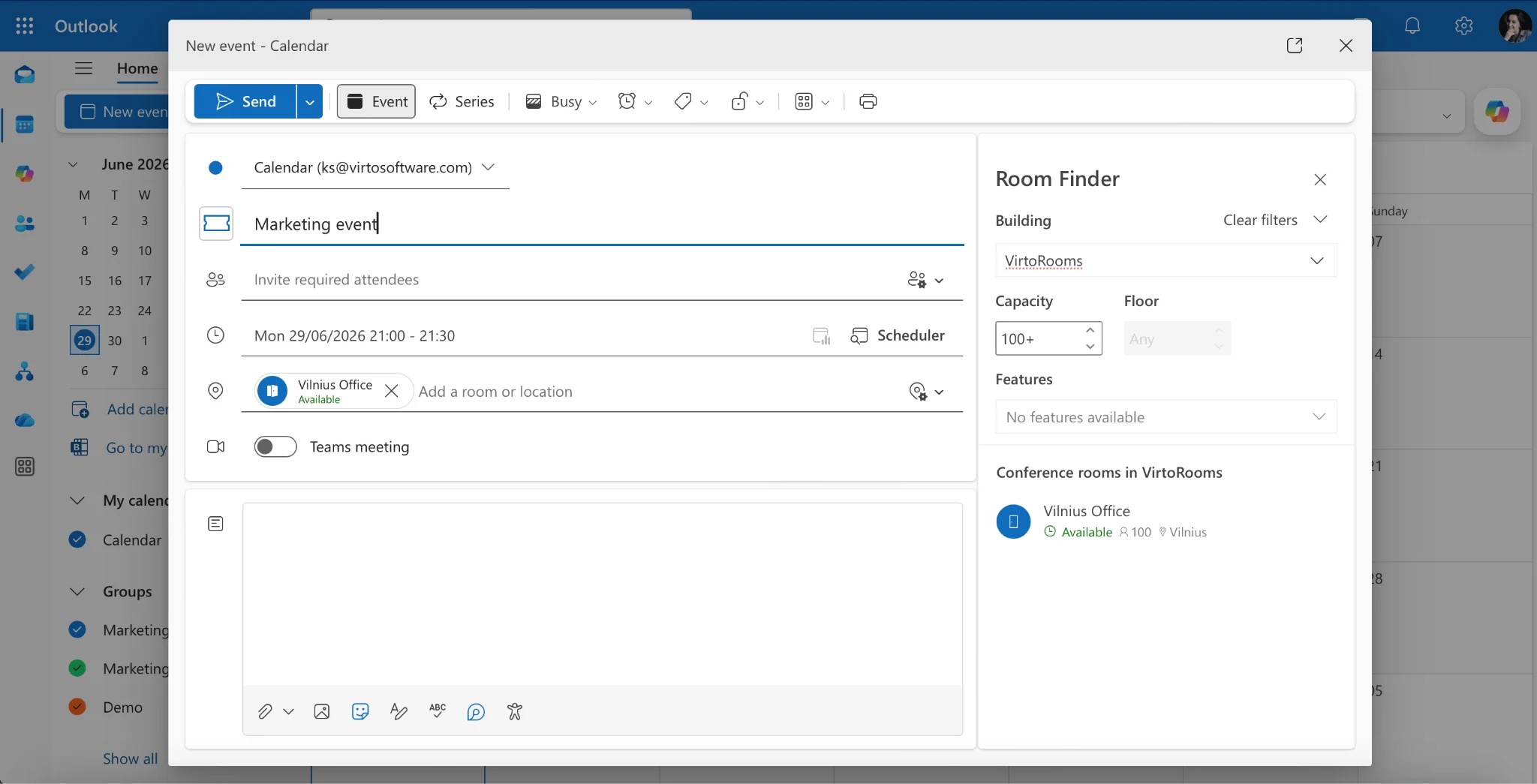 Outlook meeting composer with the Room Finder