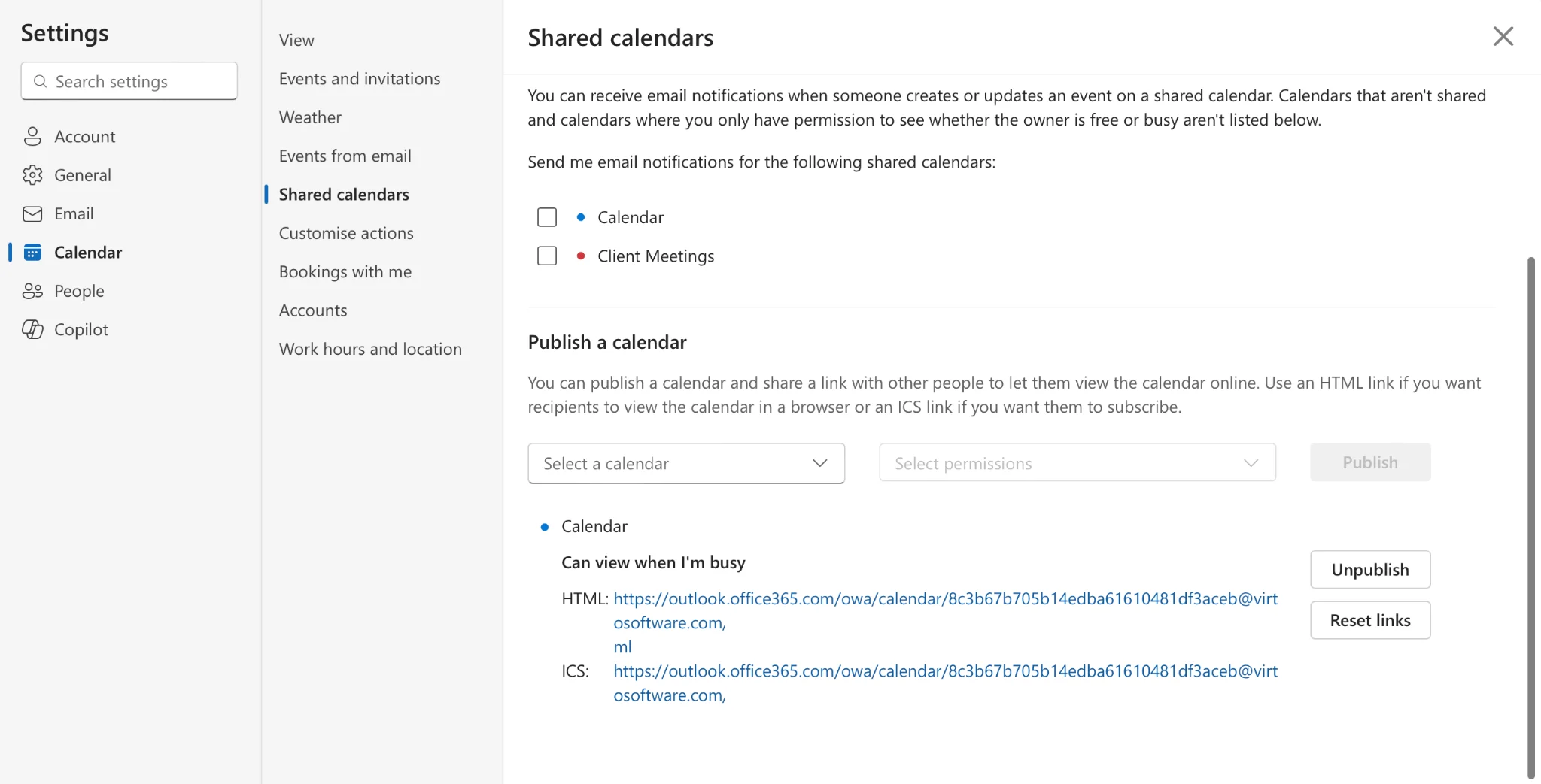Outlook Shared Calendars publish dialog