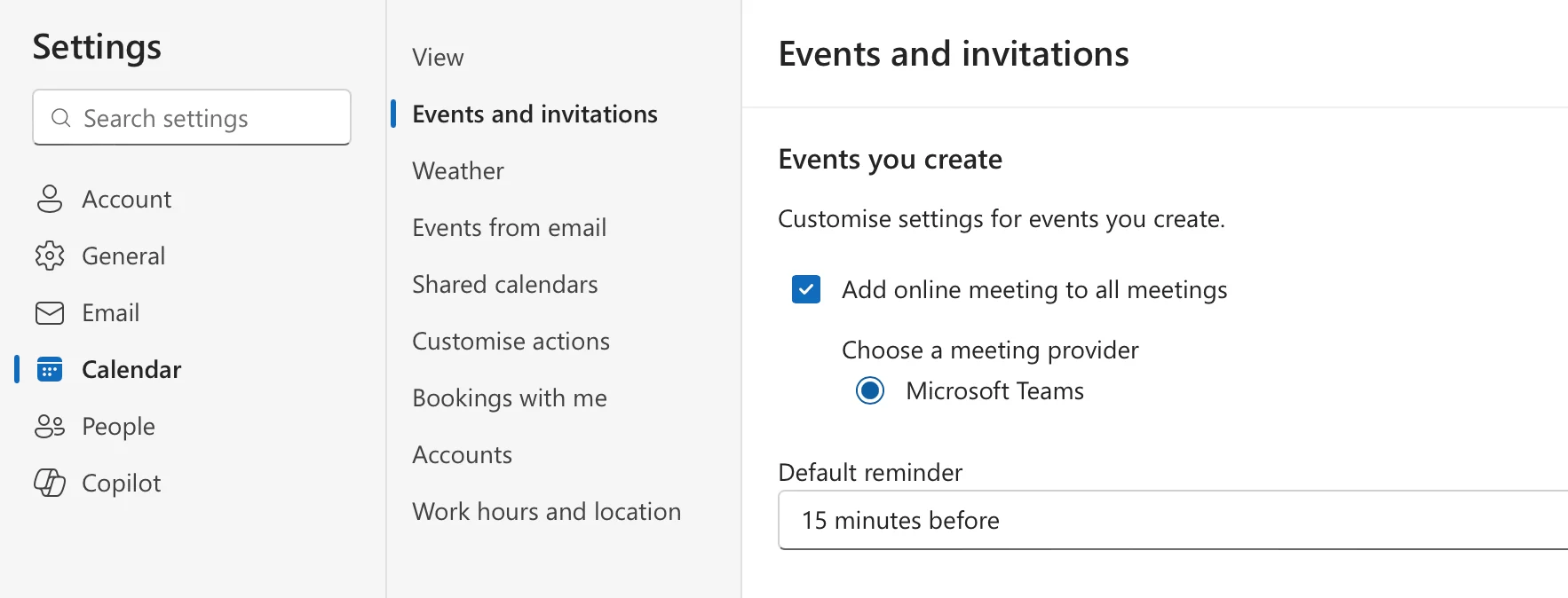 Setting Teams as default meeting provider in Outlook settings