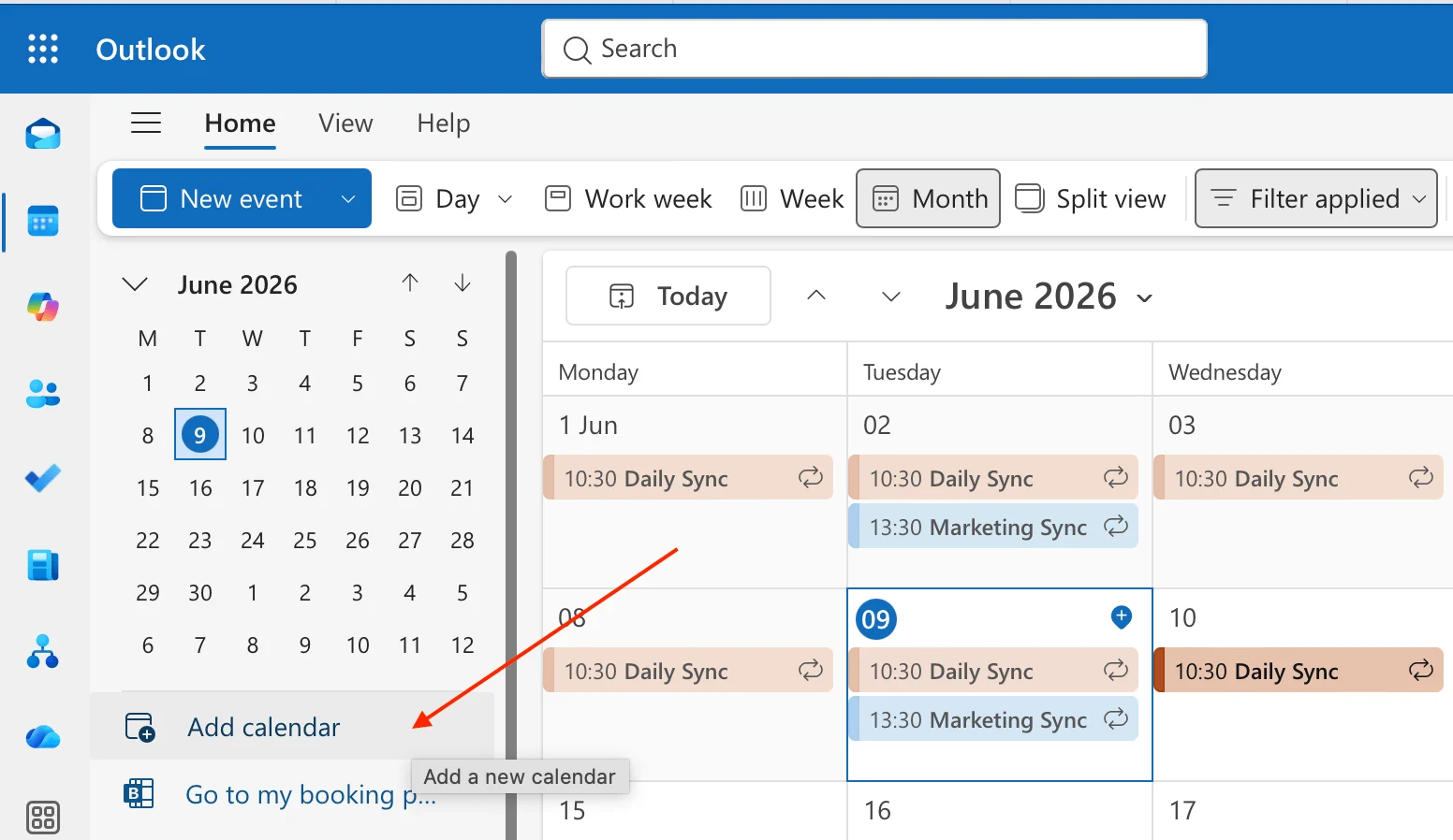 Adding a calendar in Outlook on the web