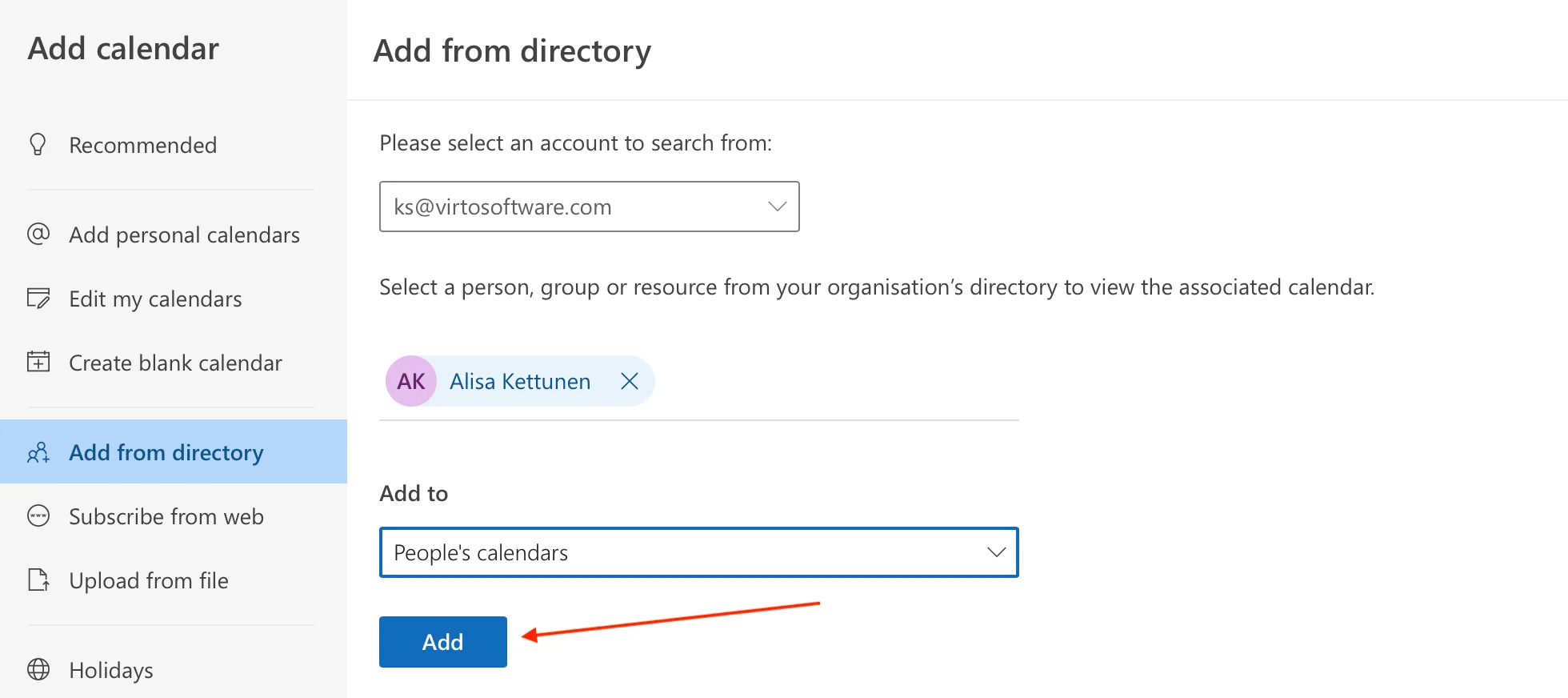 Adding a calendar from directory in Outlook on the web