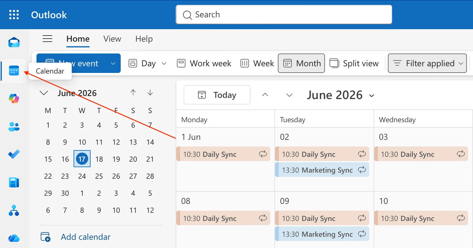 Opening the Calendar in Outlook on the web