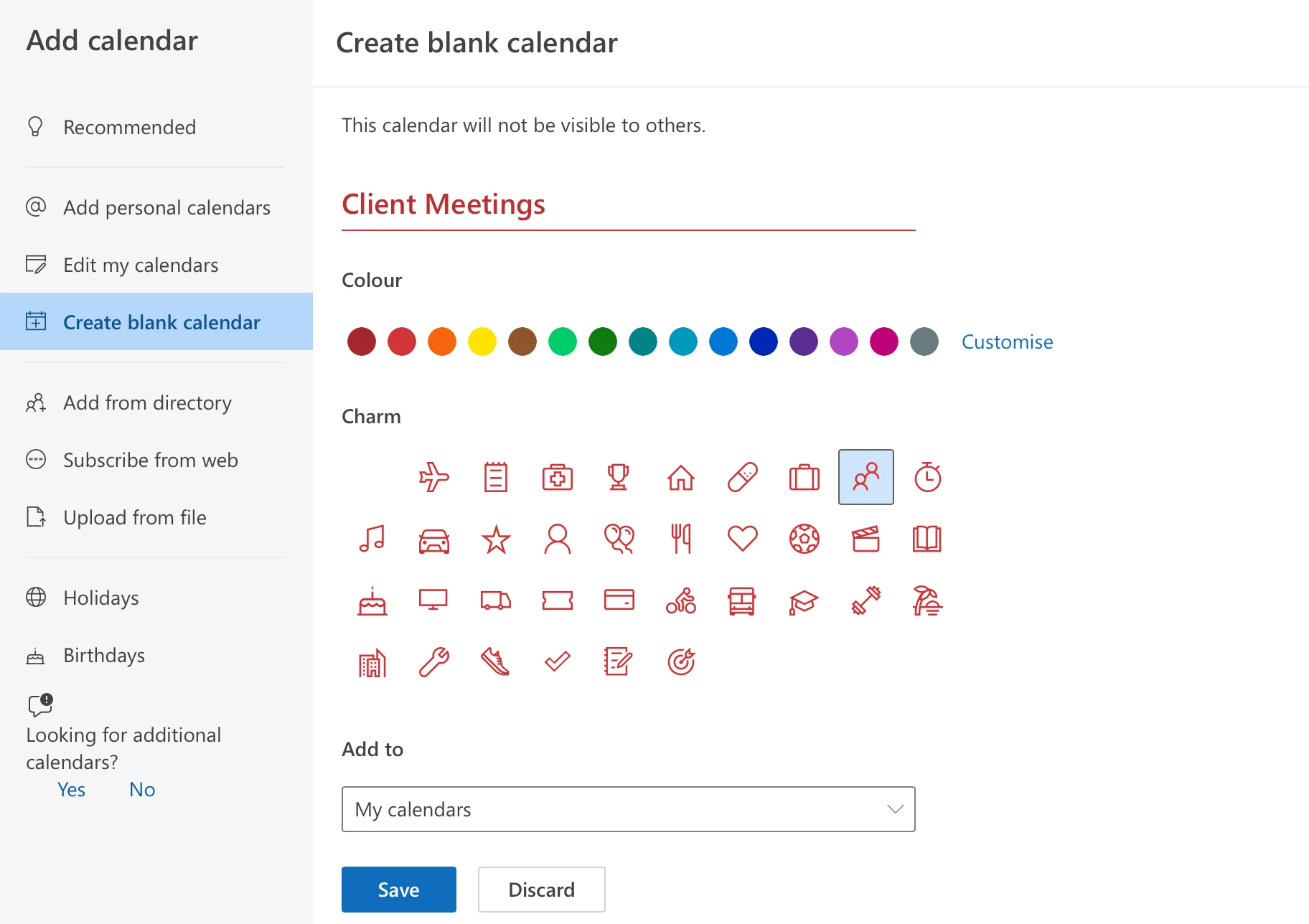 Select Create blank calendar in Outlook web