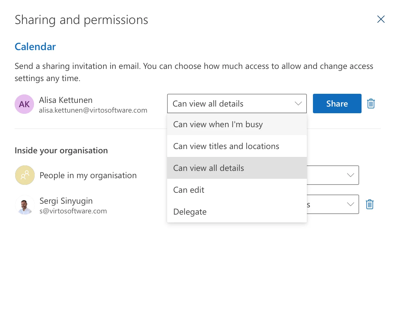 Adding recipient and choosing permission in Outlook web