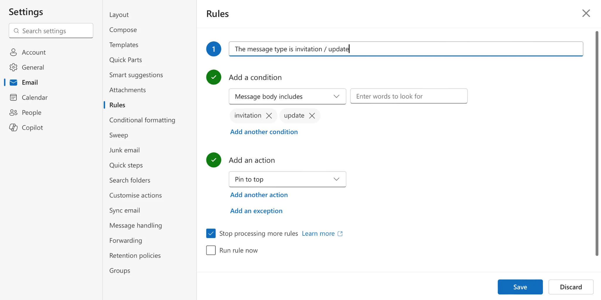 Navigating to the rules section in OWA