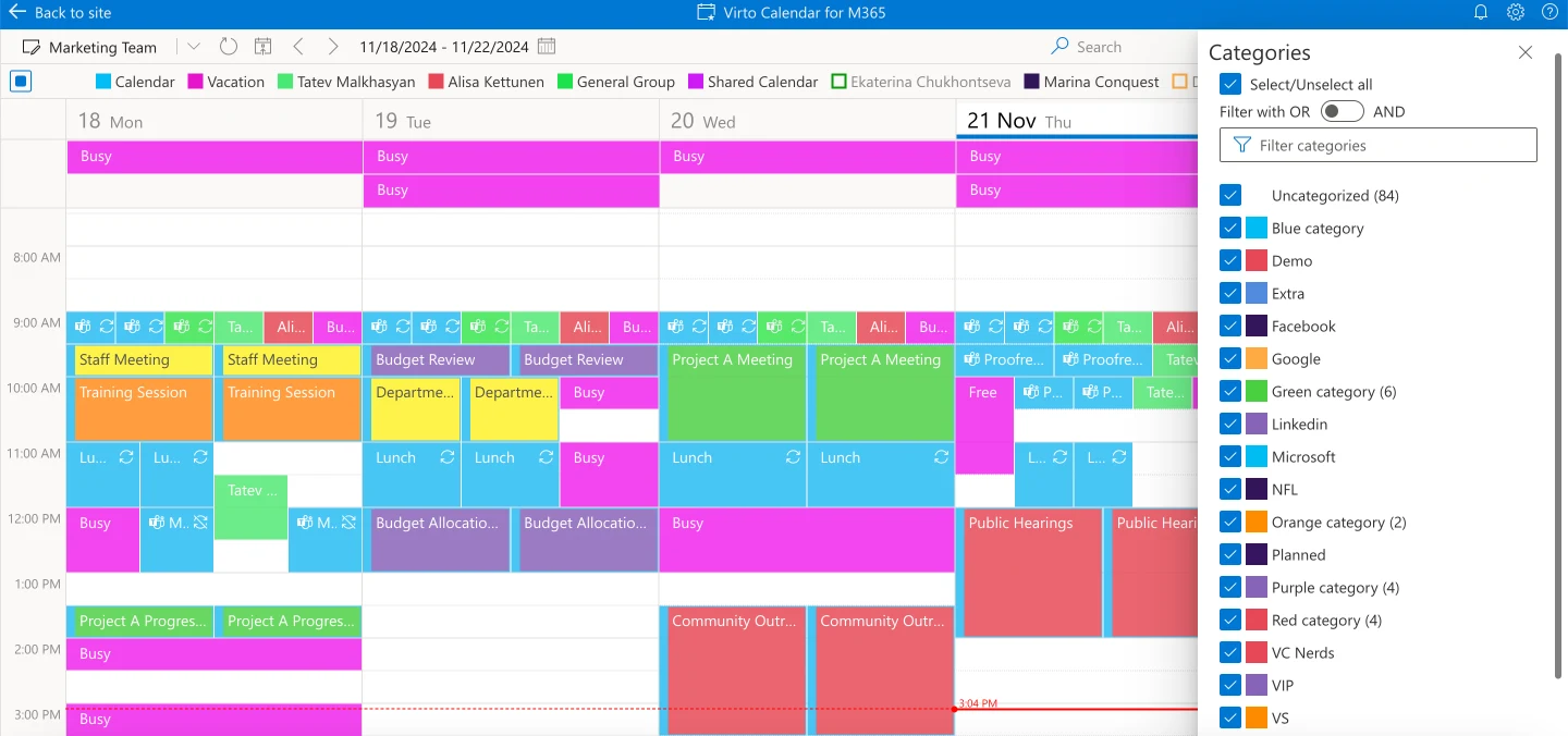 Pic. 3. Sample color-coded overlaid Virto Calendar with categories.