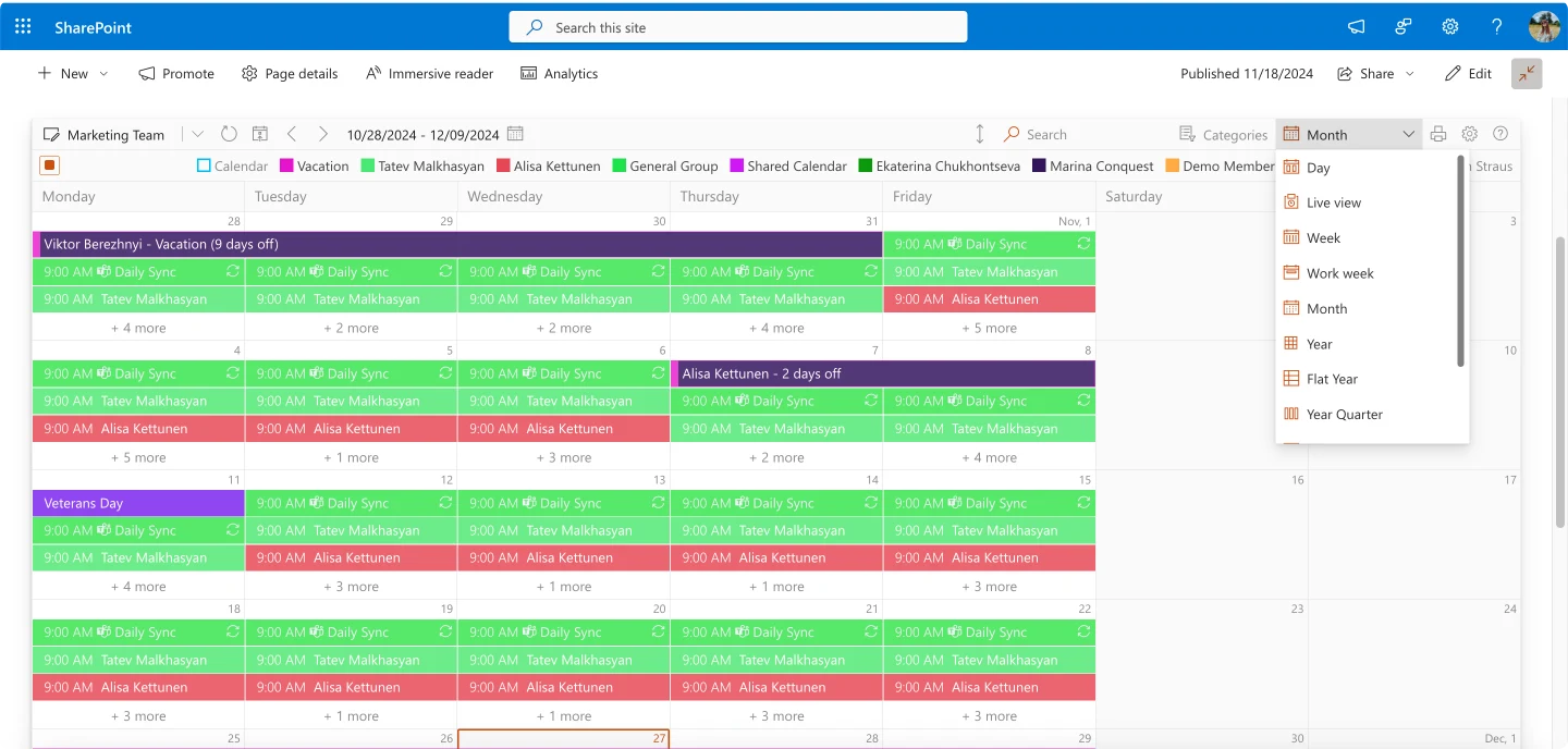 Pic. 7. A sample Virto Calendar monthly view with other possible views menu open.