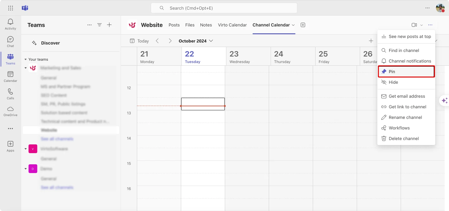 Pinning a channel with its calendar in Micrsoft Teams.