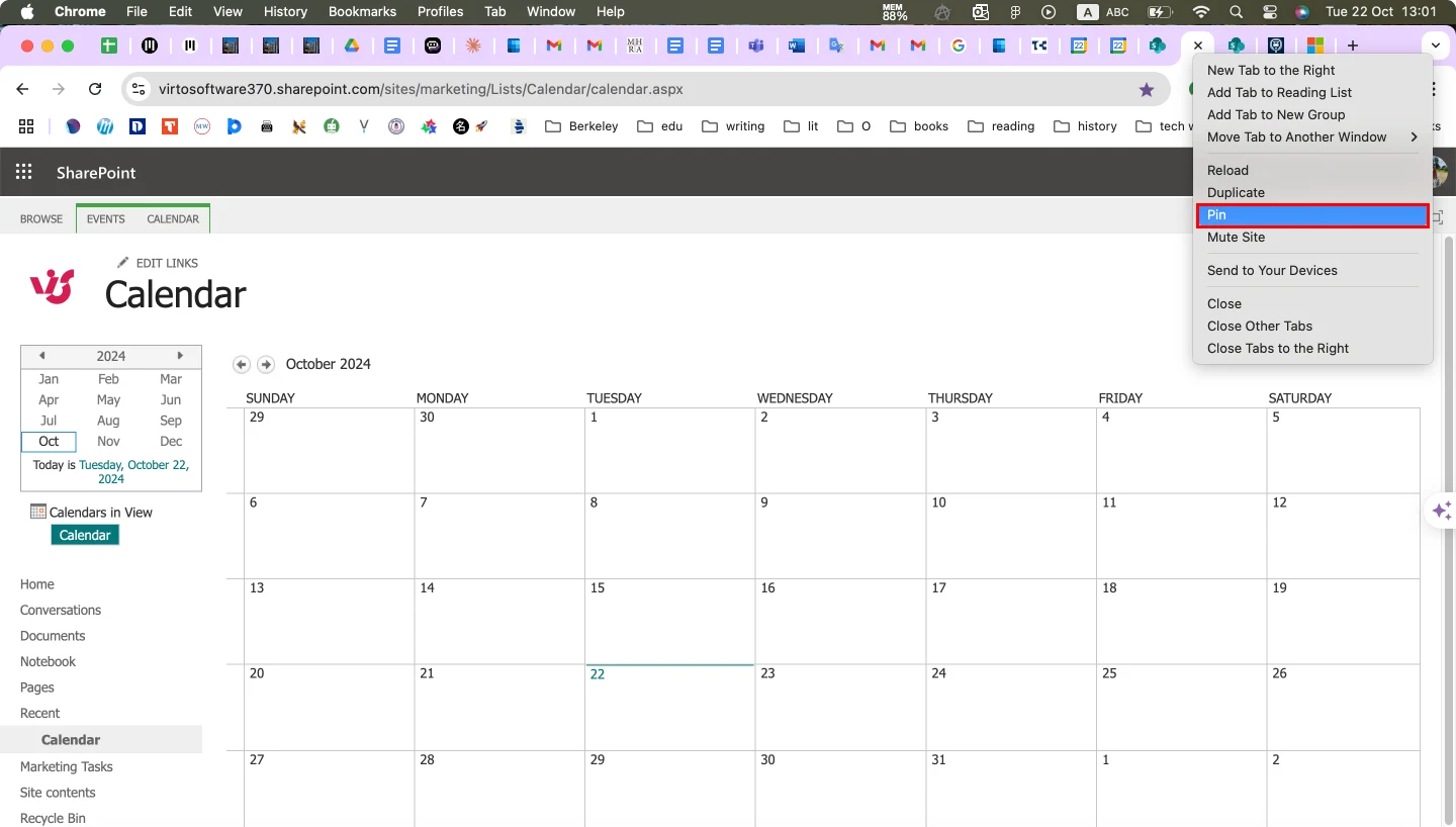 Pinning a SharePoint calendar tab in Google Chrome.