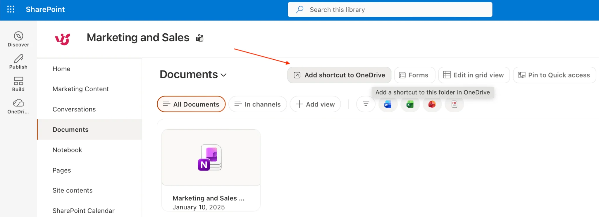 Add shortcut to OneDrive button in SharePoint