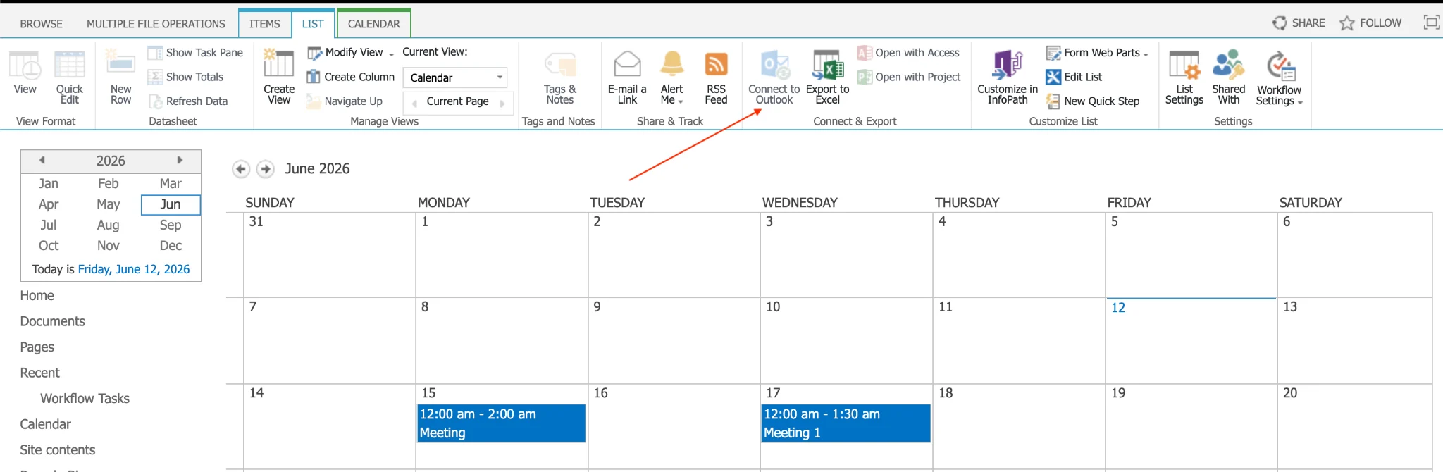 SharePoint calendar ribbon tab selected