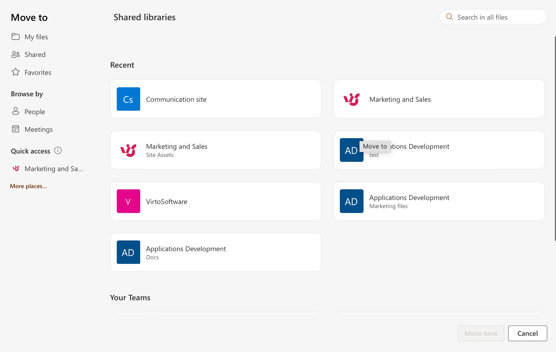 Choosing the destination site in the Move panel