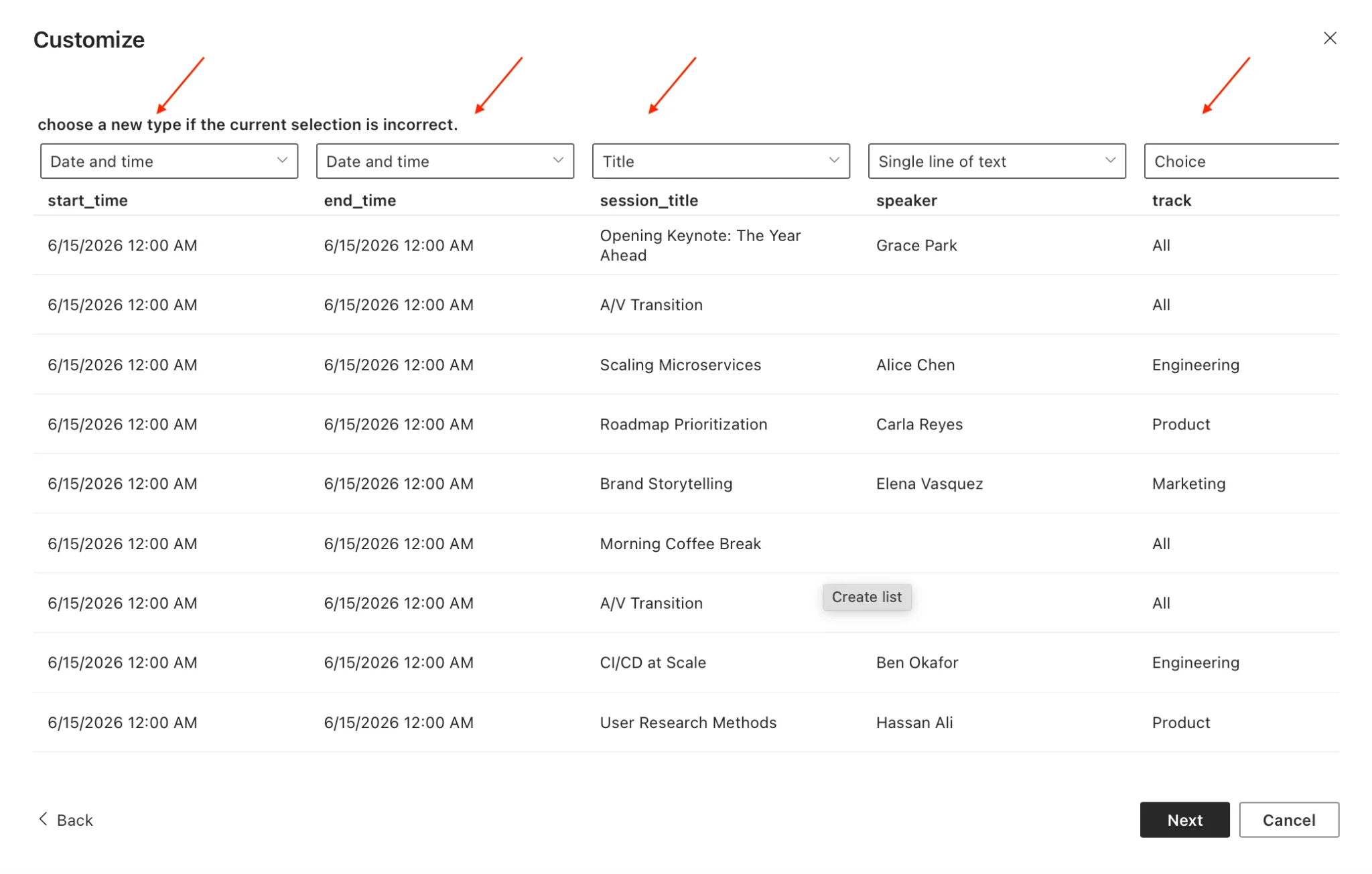 SharePoint create list from Excel flow screenshot