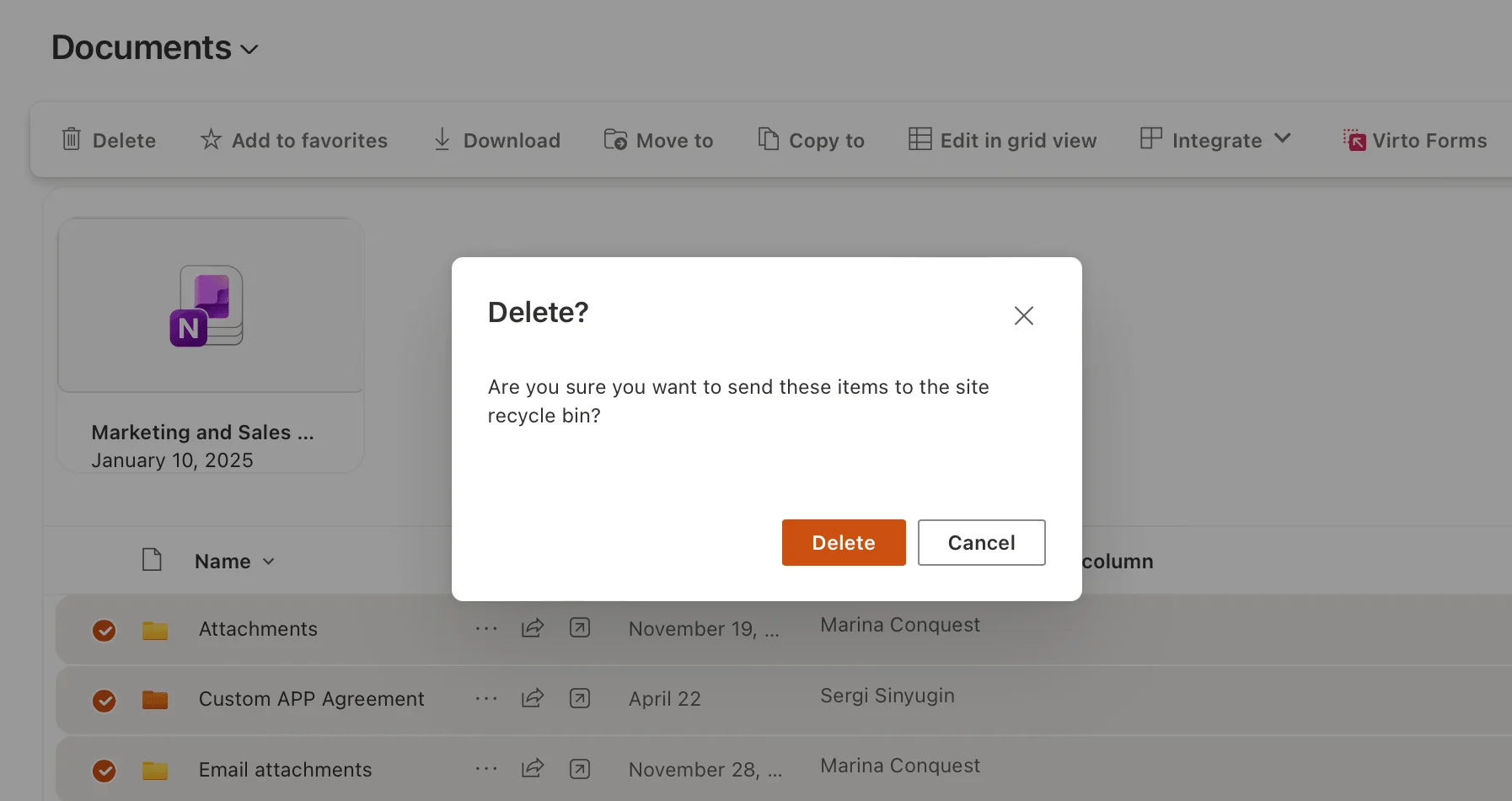 Deleting selected files using the Delete button in SharePoint