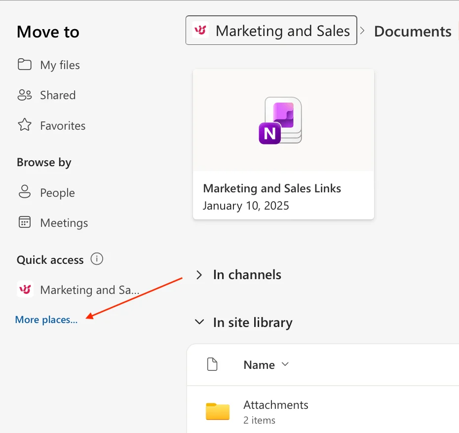 Move to destination panel showing Quick access sites