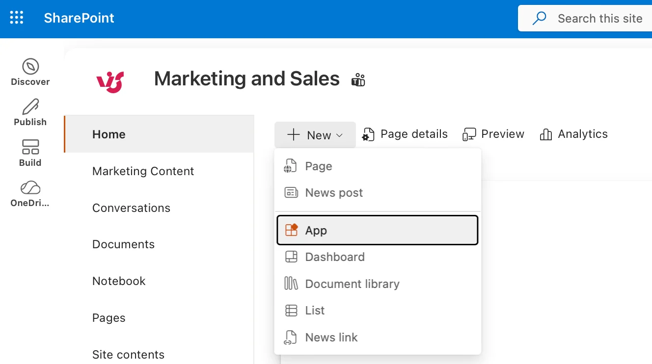 Selecting New and App in SharePoint