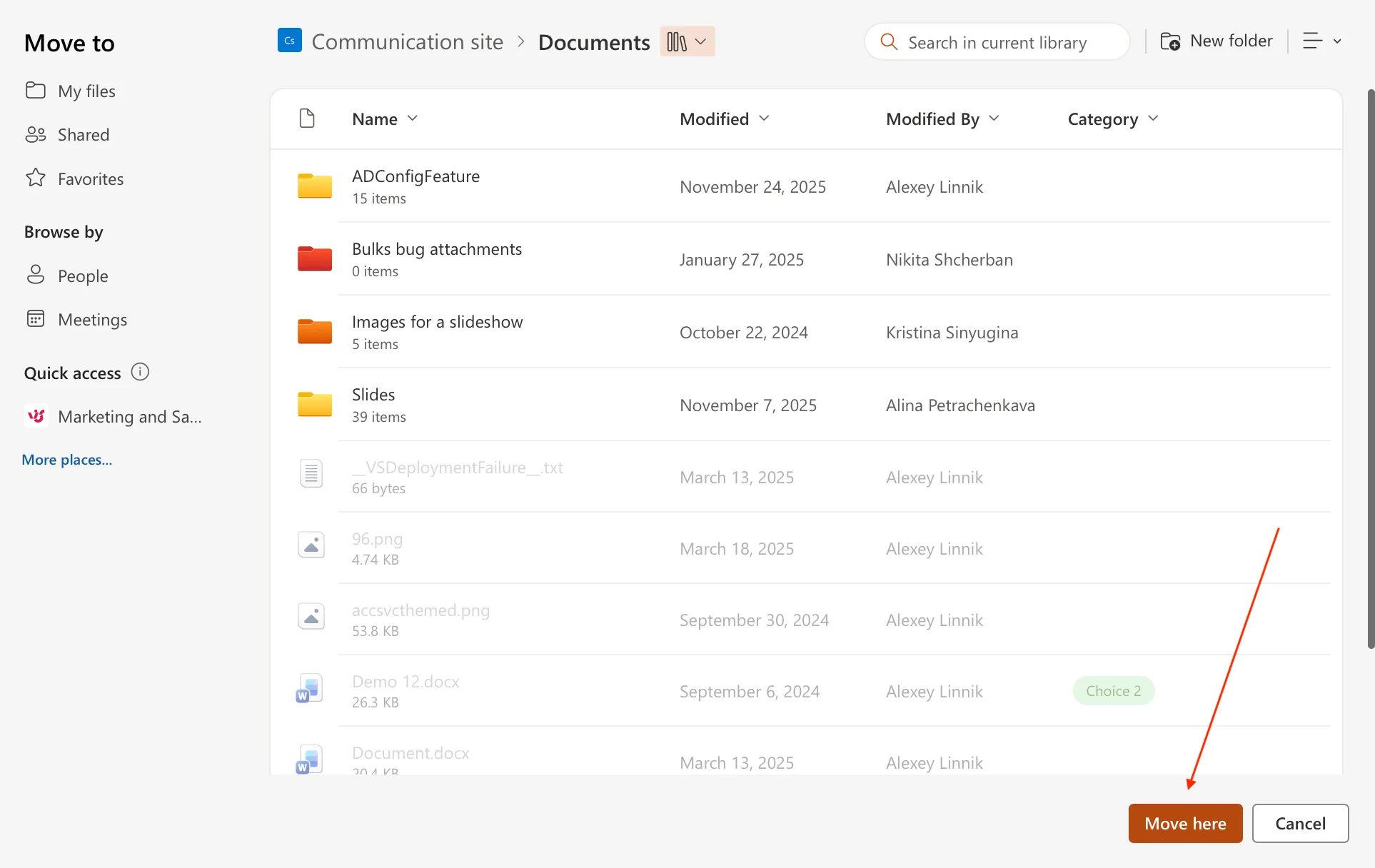 Selecting the destination library and folder