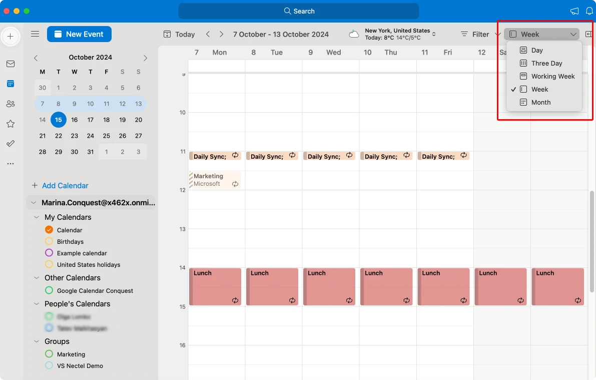 Switching between different calendar views in Outlook for Mac.
