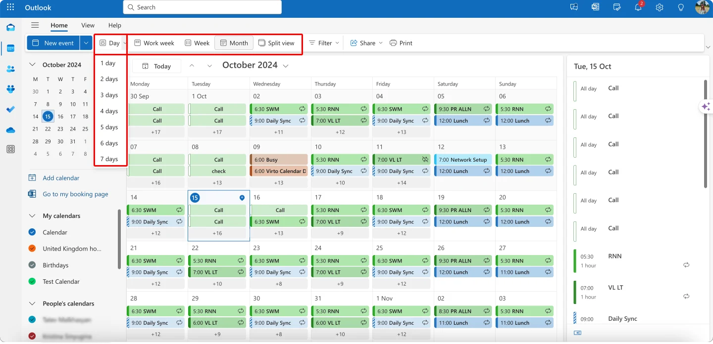 Switching between different calendar views in Outlook for the web.