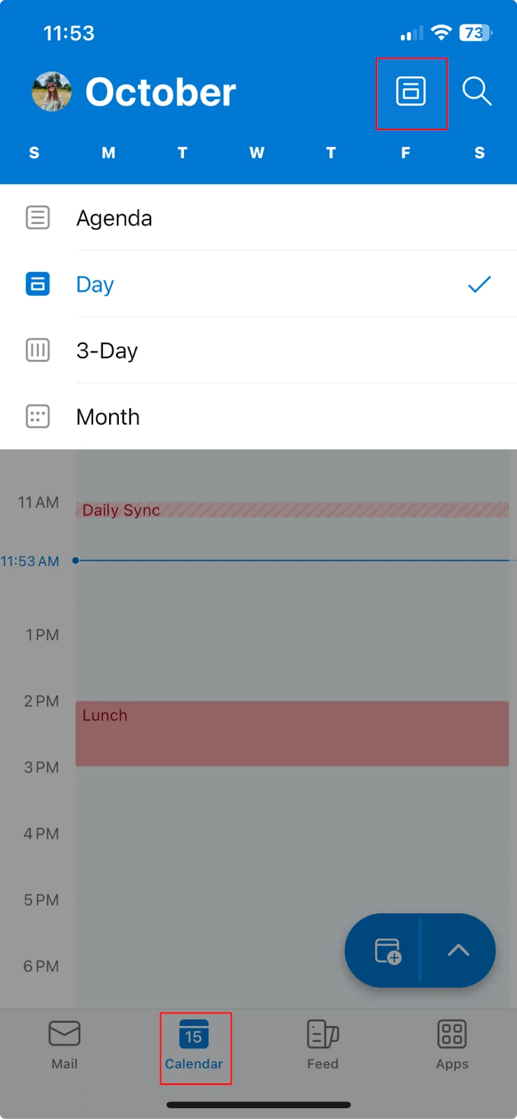 Switching between different calendar views in Outlook mobile.