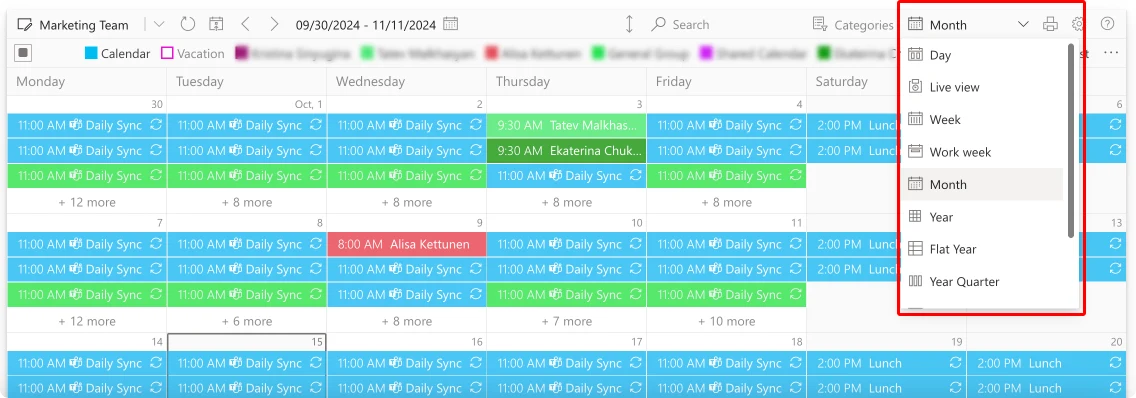 Switching between different calendar views in Virto Calendar.