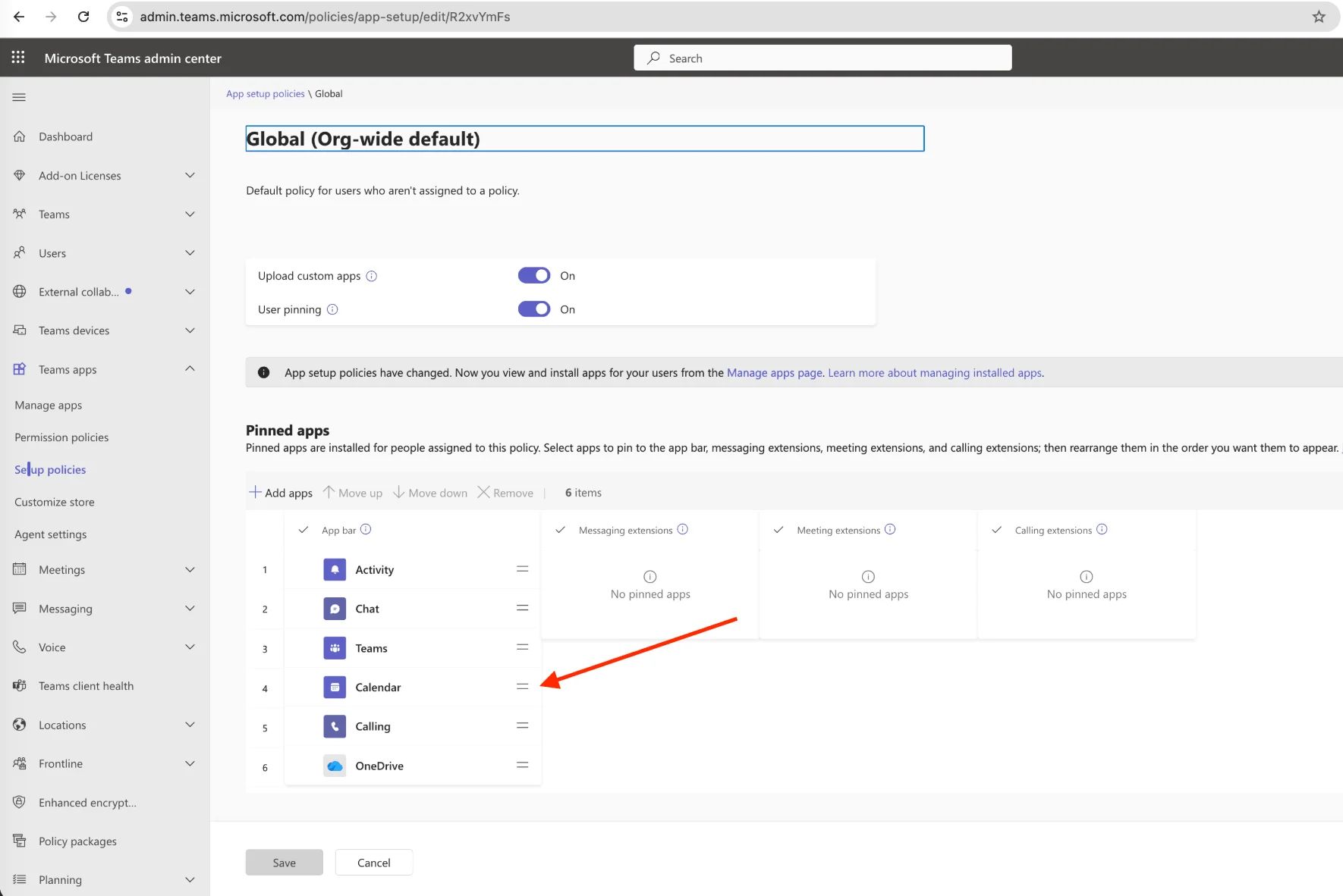 Pinning the Calendar app in an App setup policy