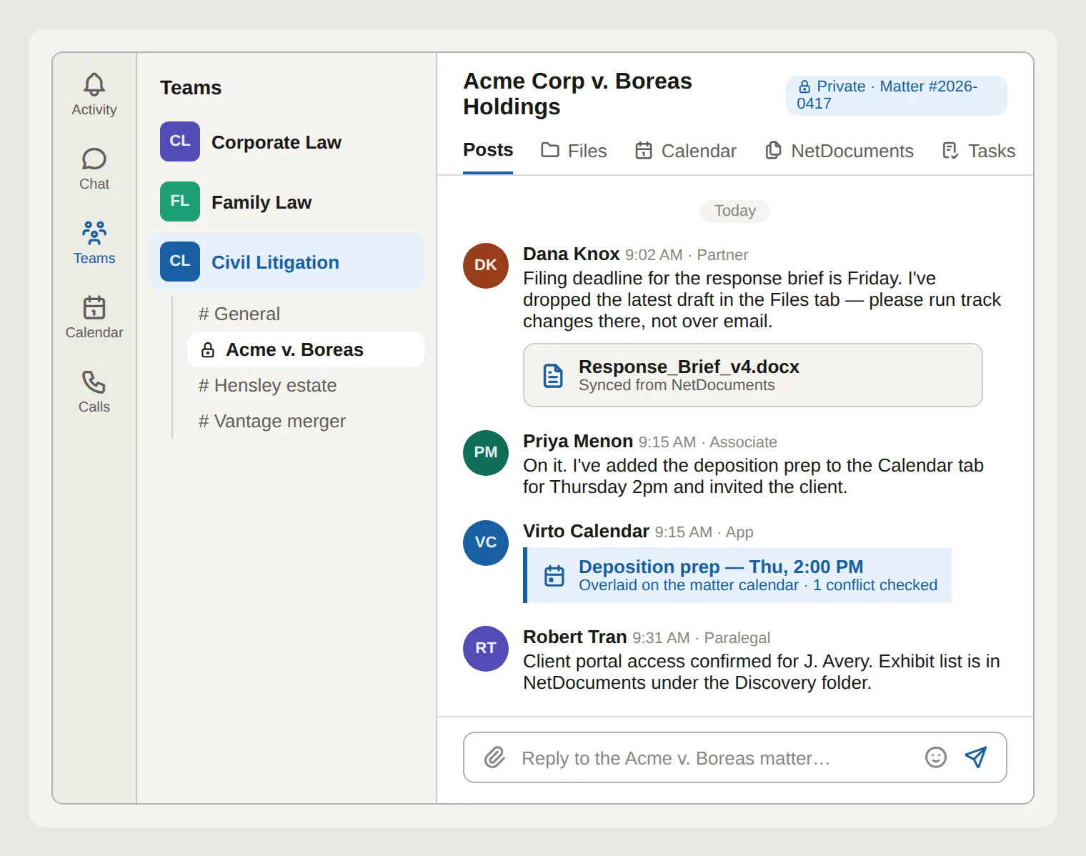 Teams case channel for a legal matter