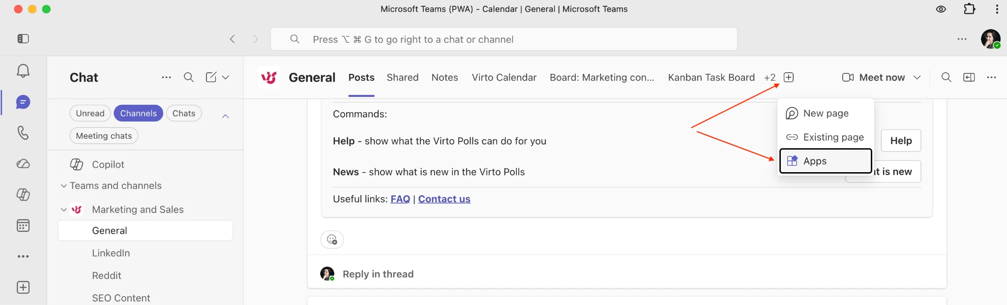 Teams channel tab plus button navigation