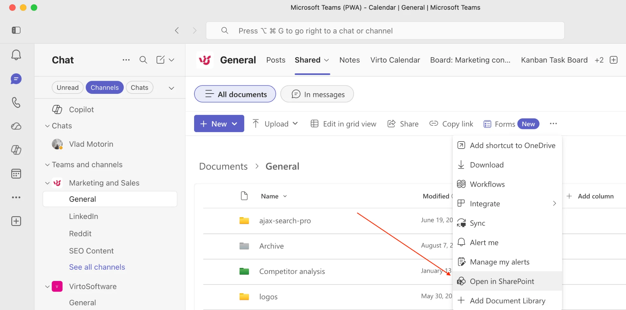 Teams Files tab Open in SharePoint option