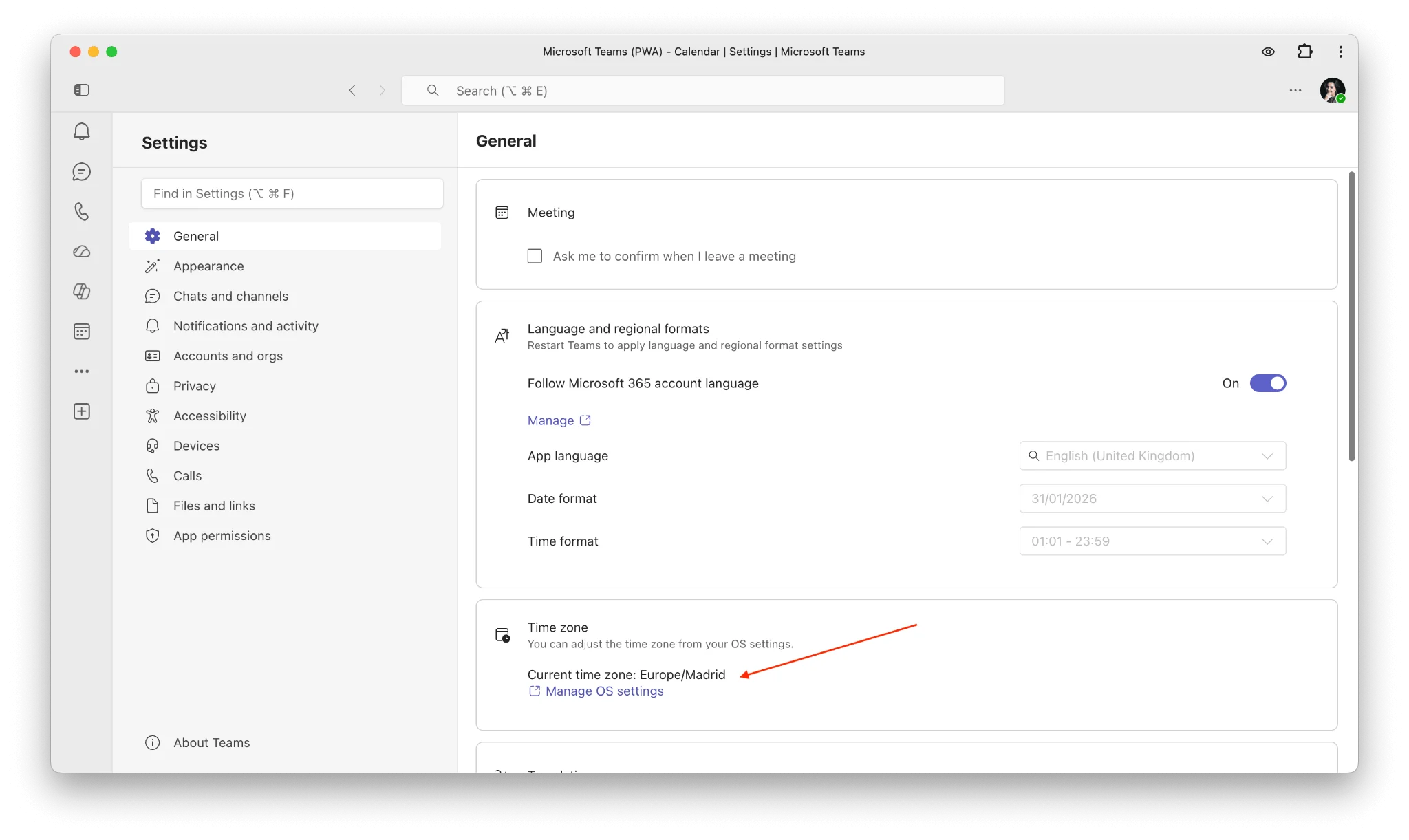 Checking time zone in Teams