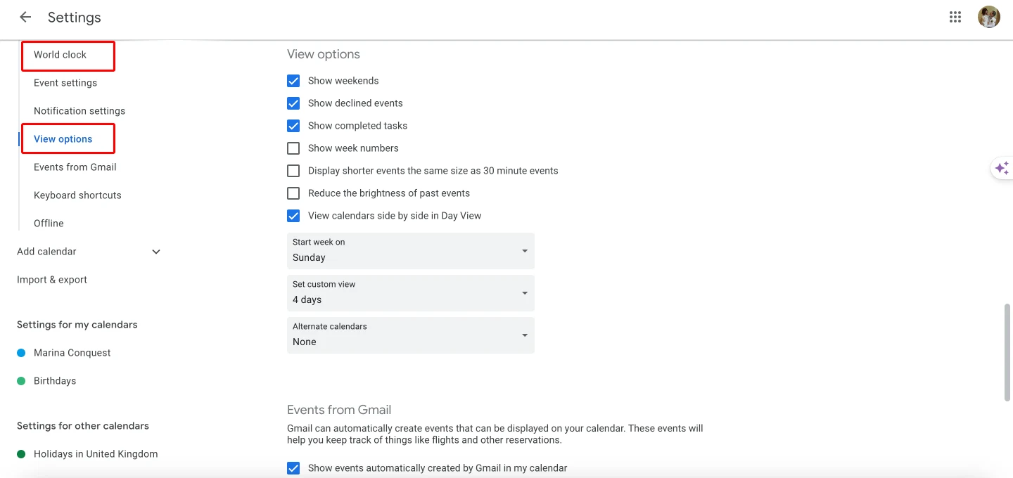 Tweaking Google calendar settings.