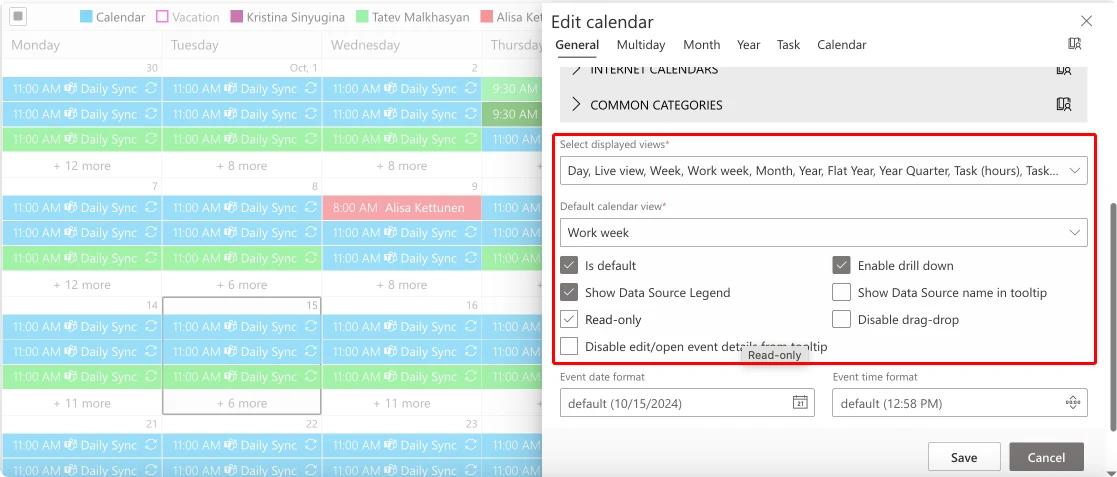 Tweaking views settings in Virto Calendar.