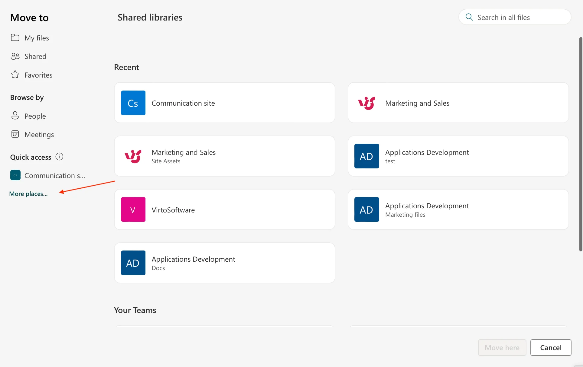 Selecting a destination site in the Move to panel