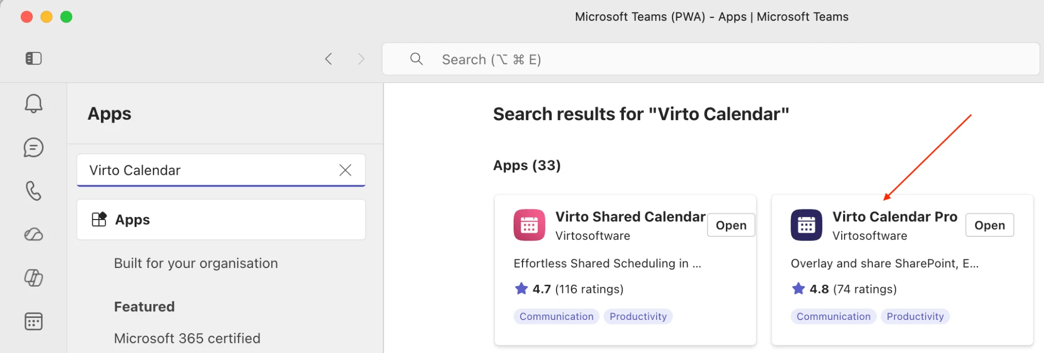 Adding the Virto Calendar App in Microsoft Teams