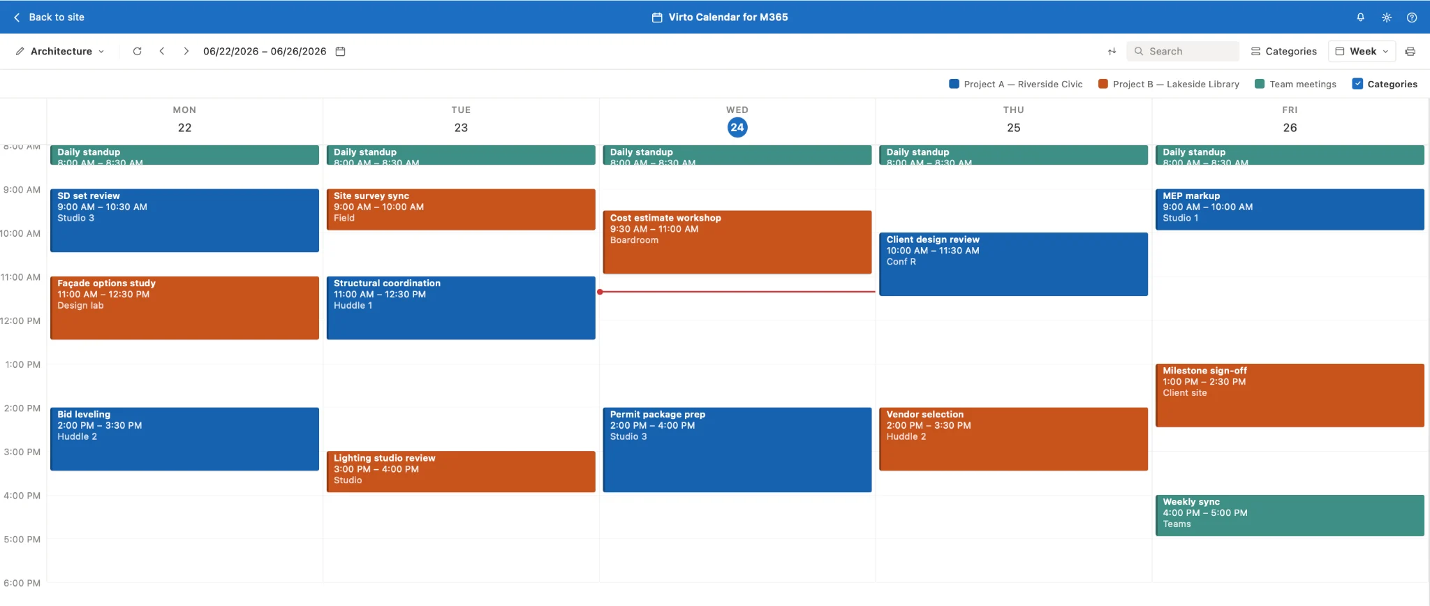 Virto Calendar App weekly view with project blocks