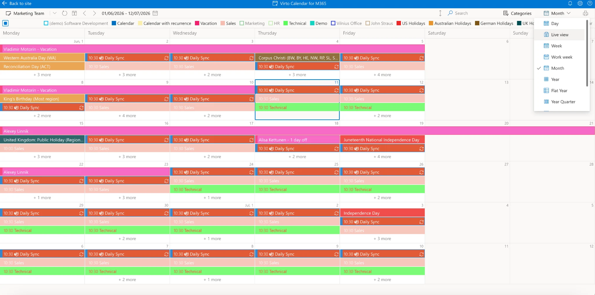 Different calendar views in Virto Calendar browser