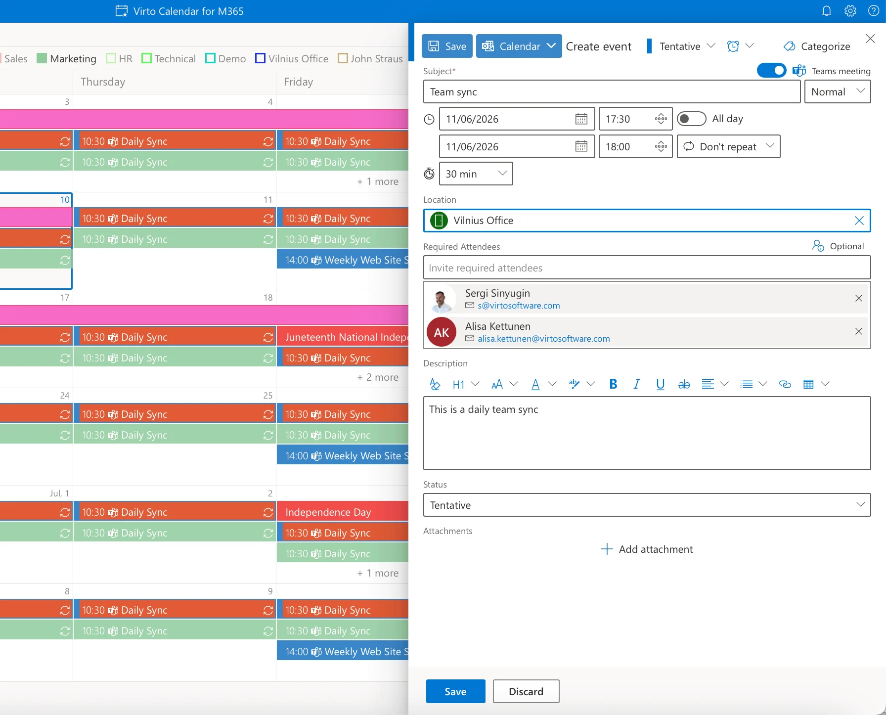 Creating a new event in Virto Calendar with Exchange fields