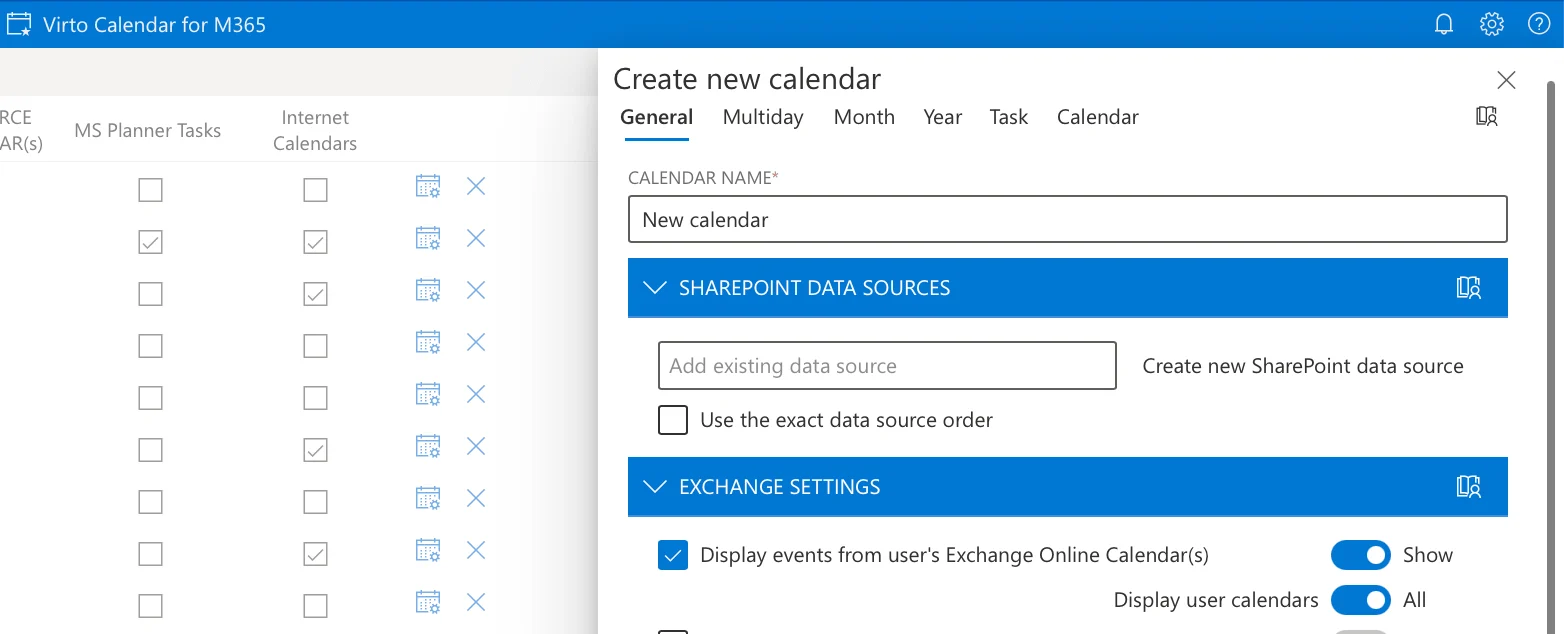 Virto Calendar General settings Exchange Online calendars checkbox