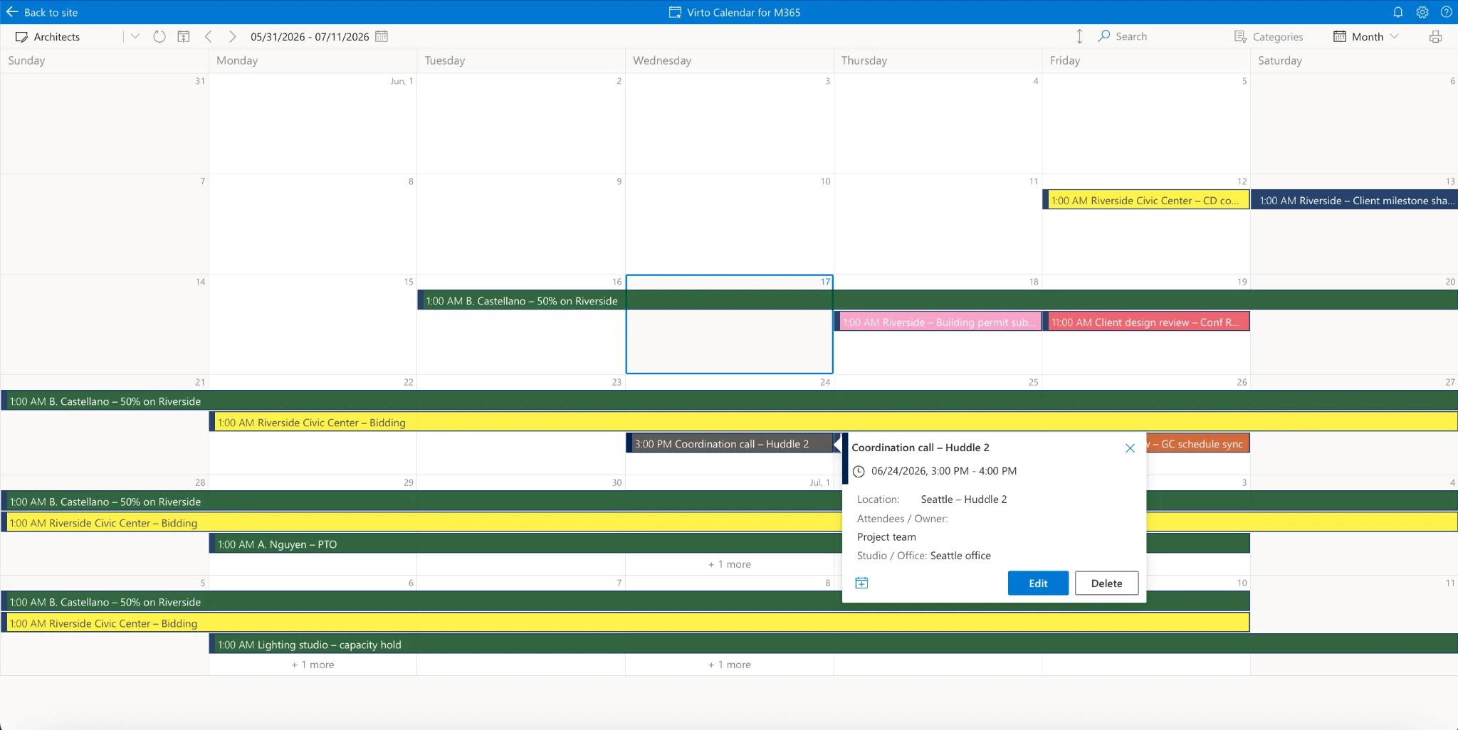 Color-coded multi-source calendar overlay month view