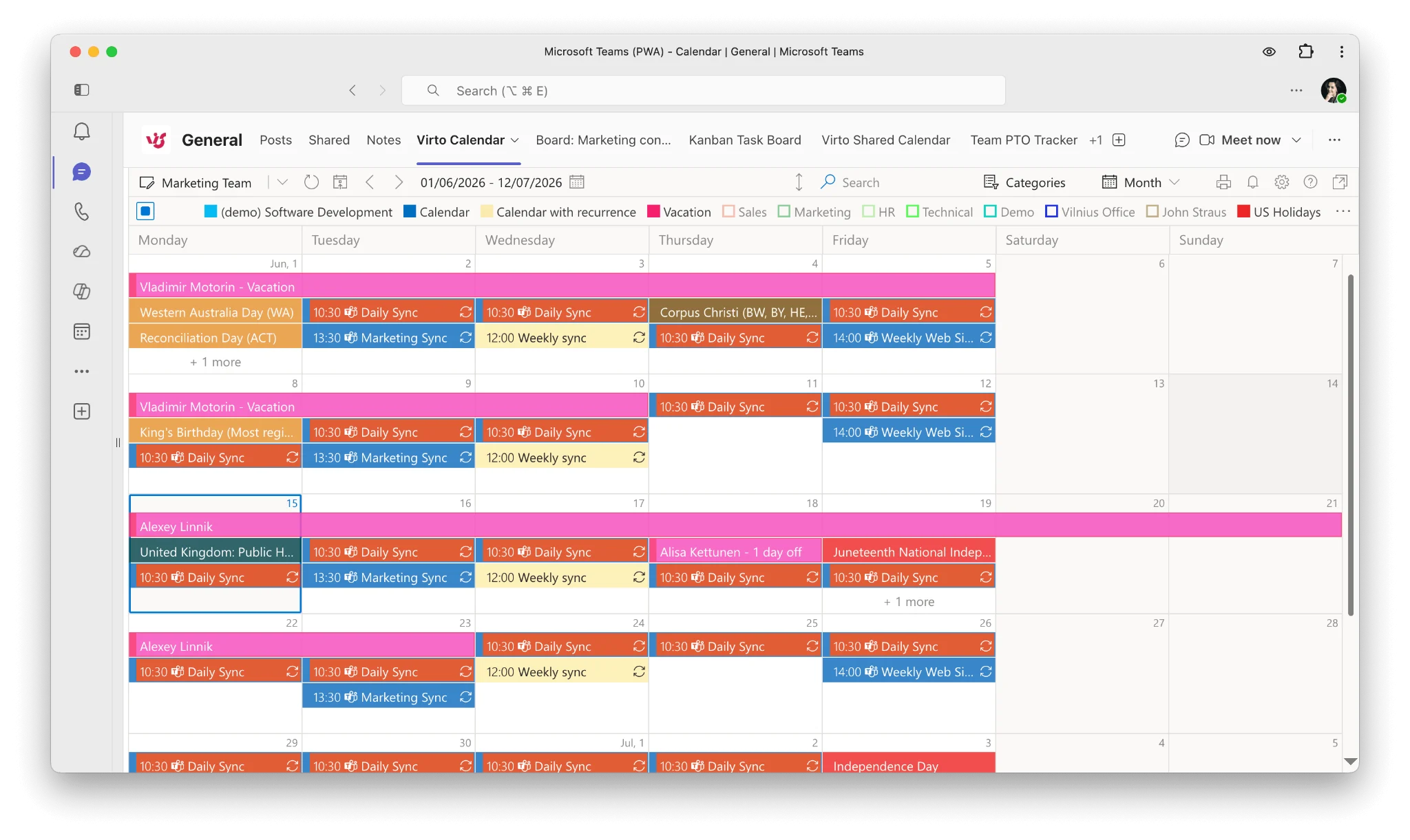 Teams, Outlook, SharePoint, and iCal calendars overlaid in Virto Calendar