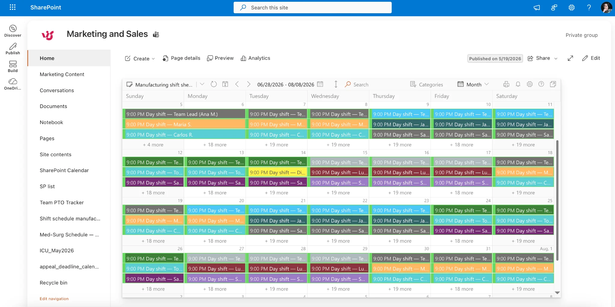 Sample Virto Calendar overlaid view of multiple calendars