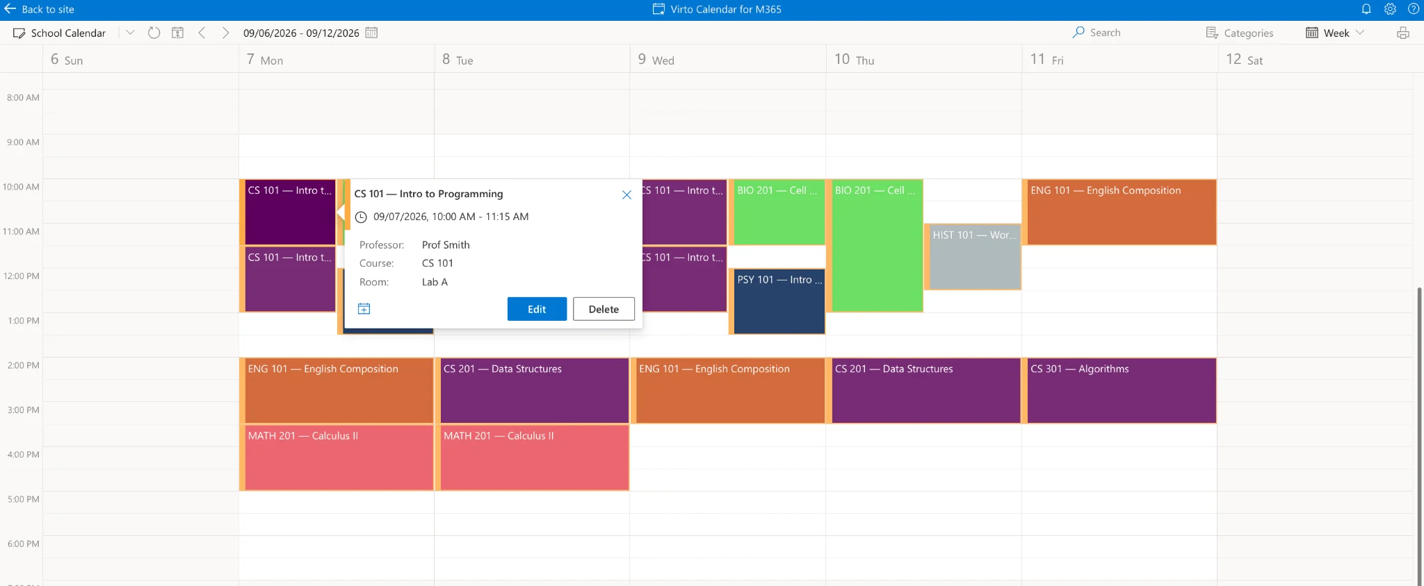 Virto calendar overlay view in Microsoft 365