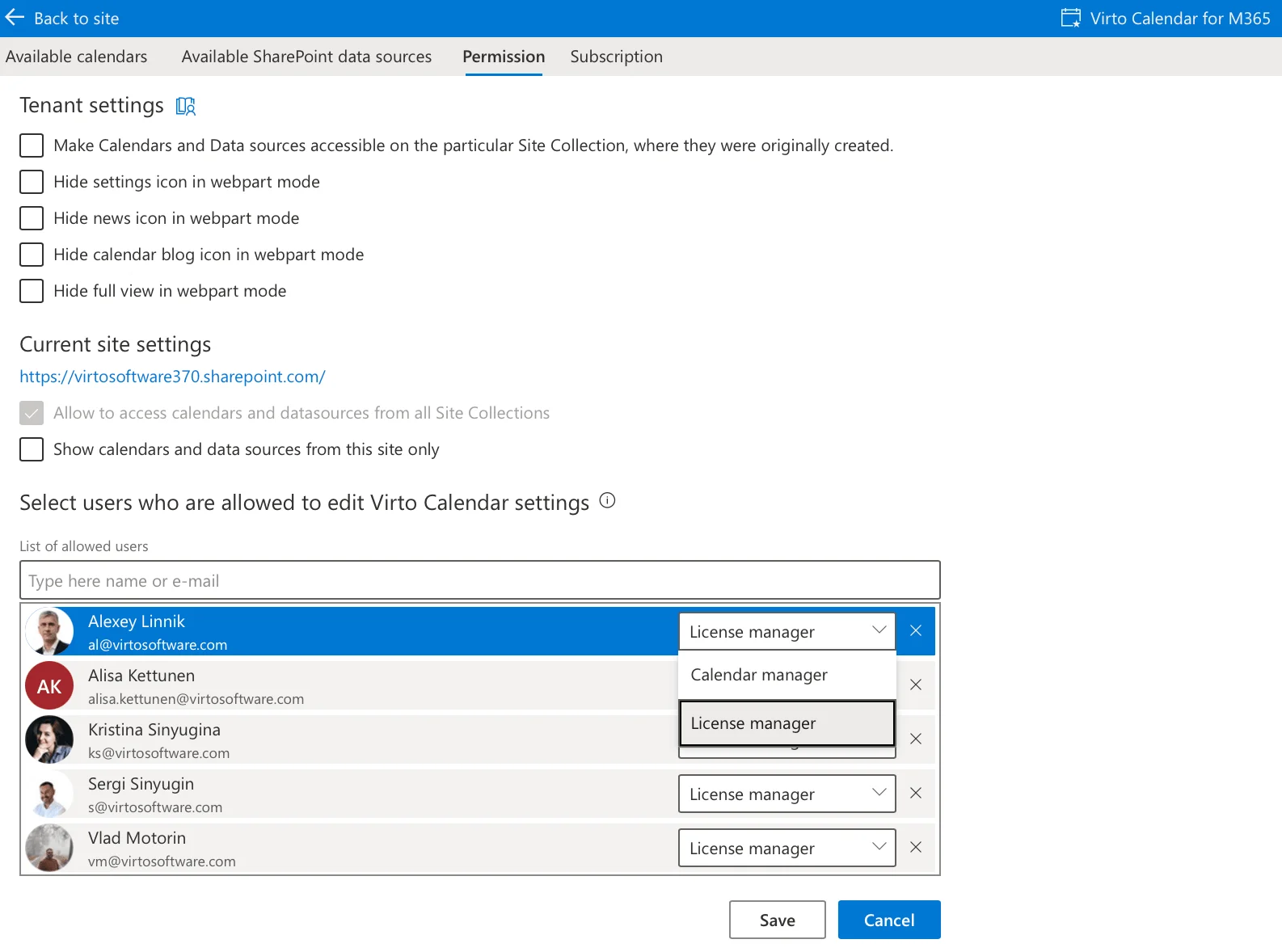 Virto Permissions tab