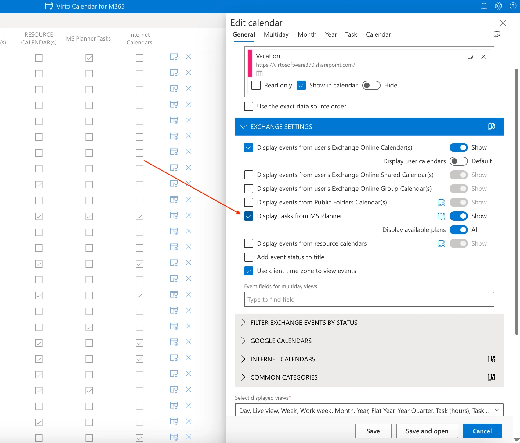 Virto Calendar settings with Planner tasks checkbox enabled