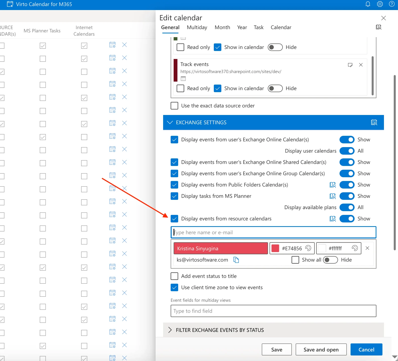 Virto Calendar App resource calendar settings panel