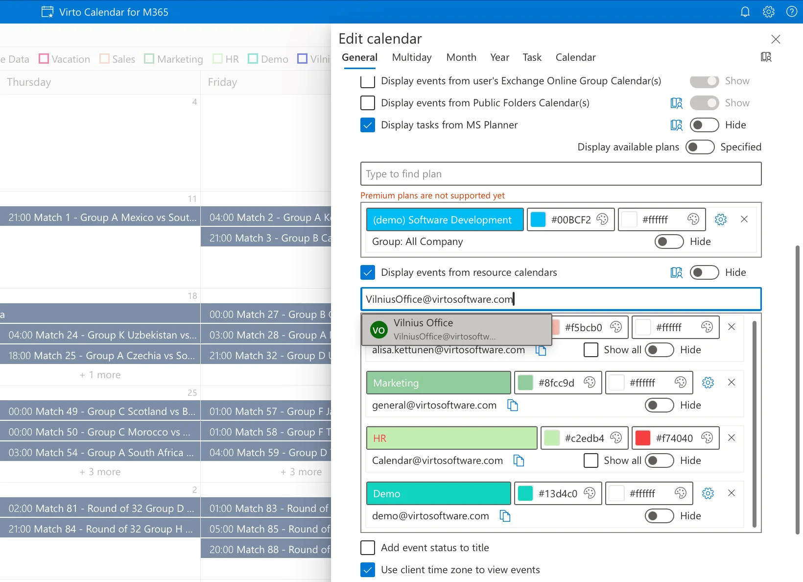 Virto Calendar App data source settings in SharePoint