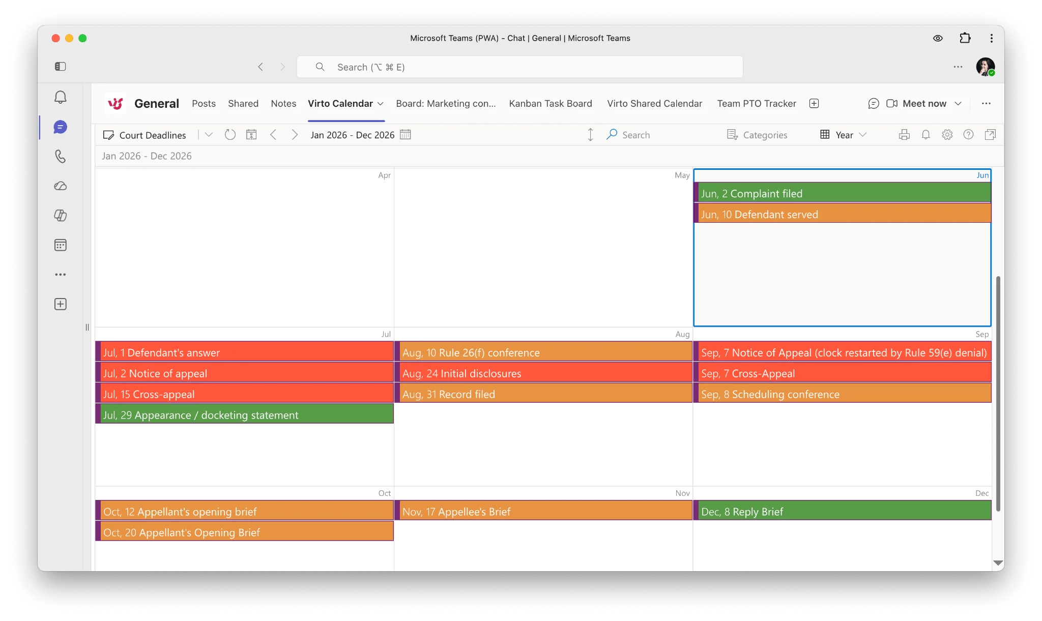 Sample Virto Calendar team view within Microsoft Teams