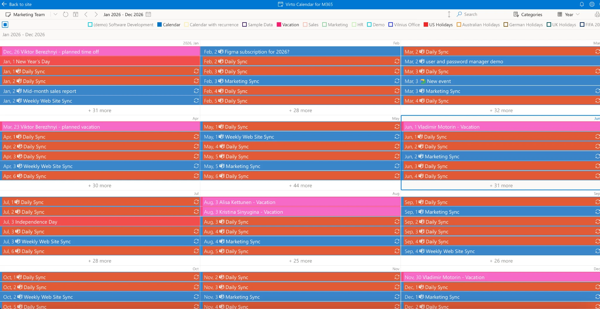 Project, personal and SharePoint vacation calendars in Virto year view
